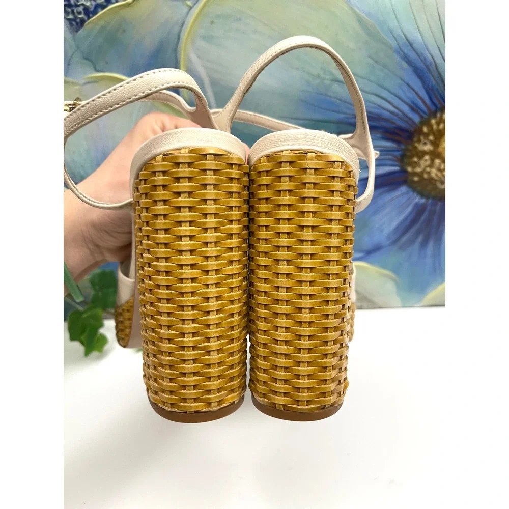 New Schutz Keefa Straw Platform Sandals Off White Leather‎ Woven Block Heel 9.5